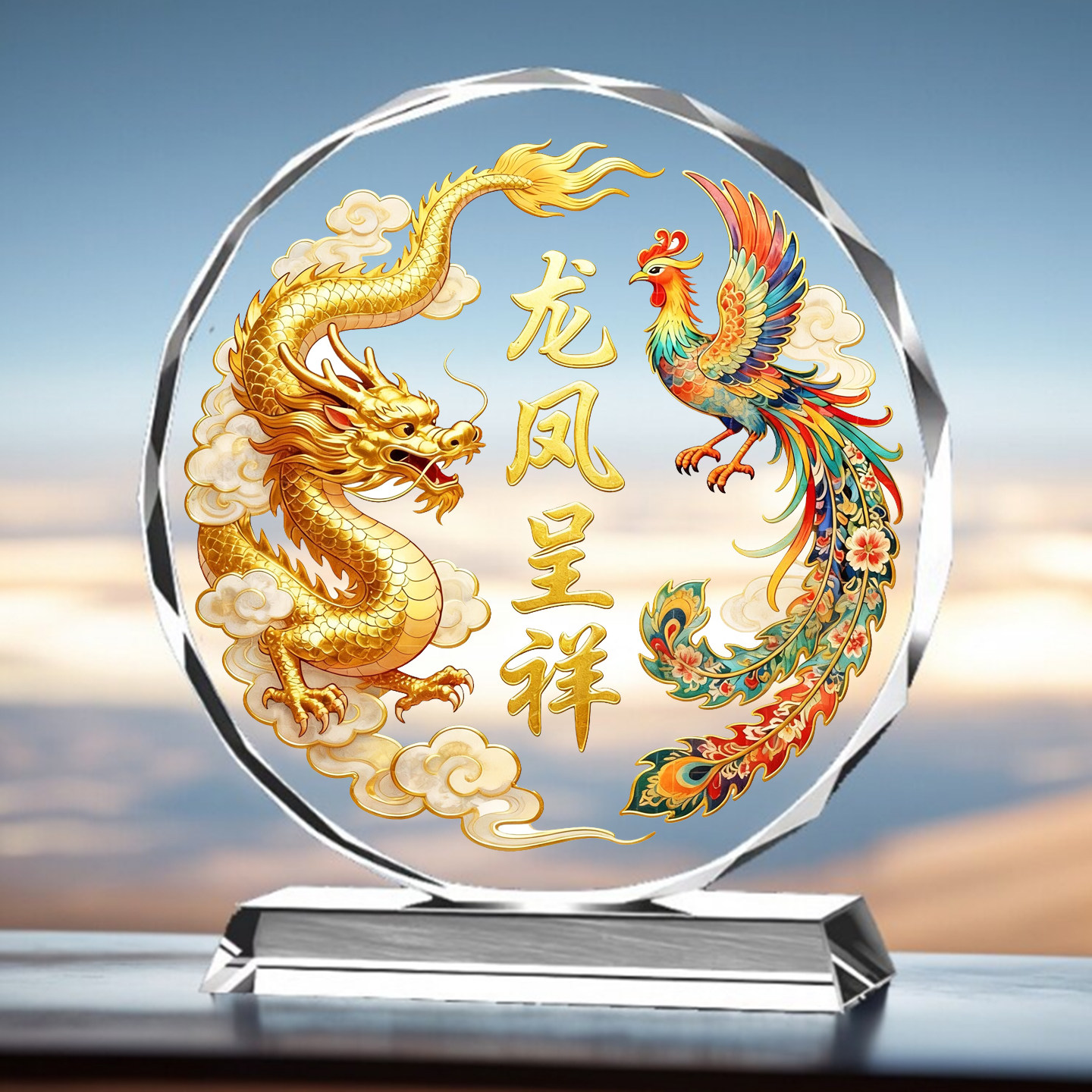 龙凤呈祥水晶画摆件开业乔迁礼