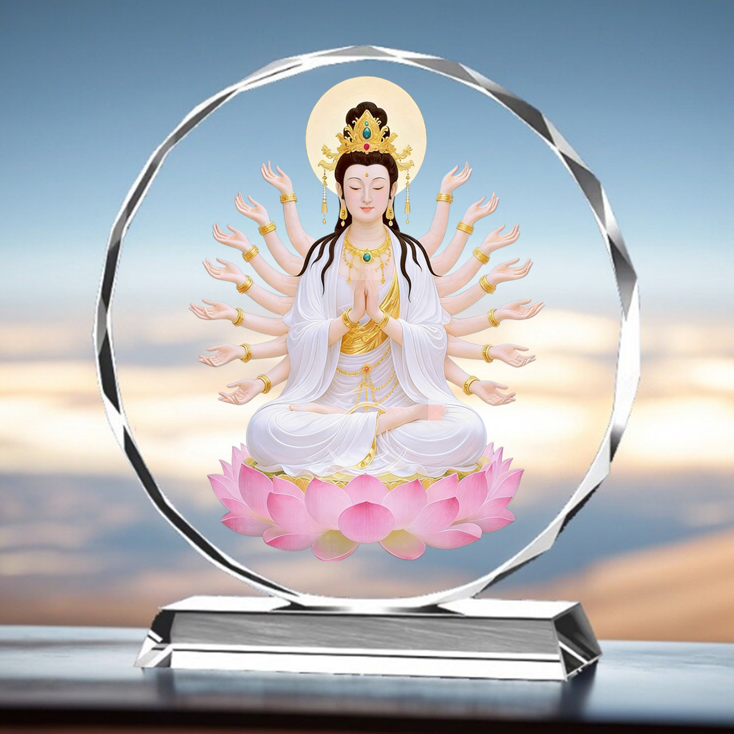 千手观音菩萨佛像画像水晶摆件家用客厅办公室桌面装饰品唐卡供奉