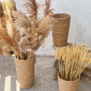 田园草编高筒花盆花篮芦苇大花瓶摆件插花满天星干花落地装 饰 饰装