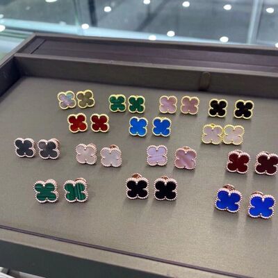 明星同款四叶草耳钉女18k玫瑰金天然白贝母红玉髓耳环耳饰