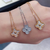 明星同款 18k金满钻四叶草项链女玫瑰金镶钻四叶草吊坠幸运锁骨链