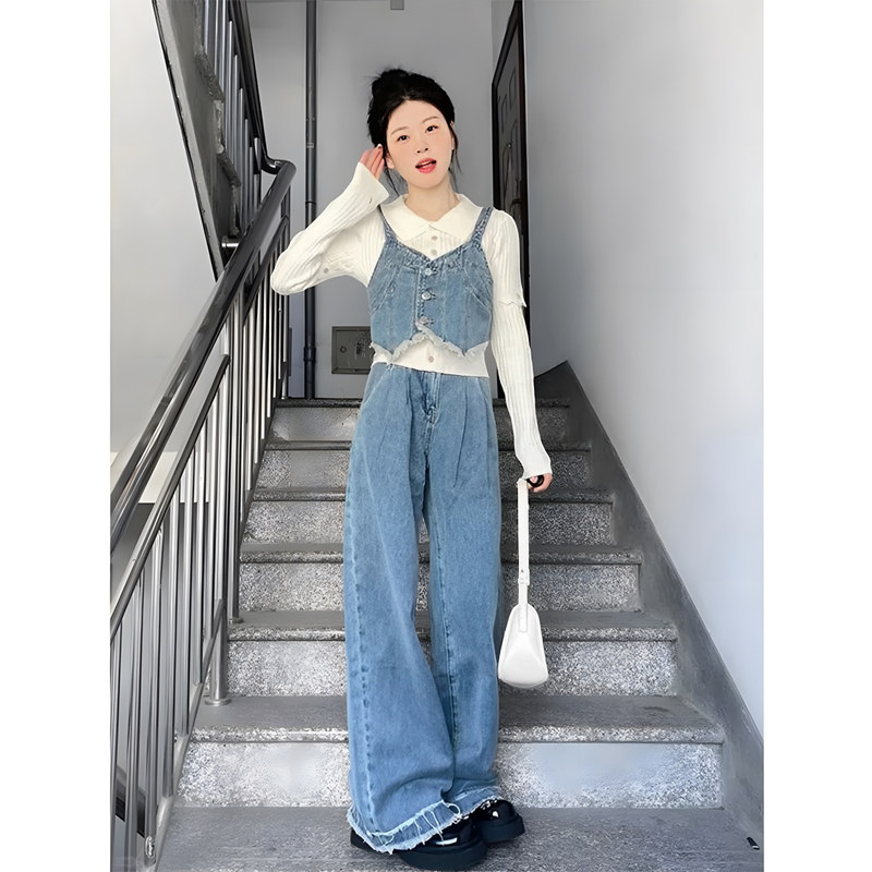 两件套独特绝美牛仔小吊带背心女春秋季外穿别致韩系辣妹针织上衣