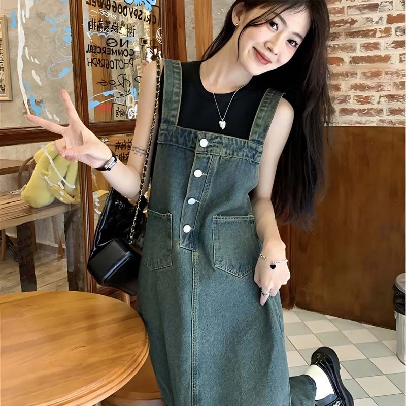 高级感盐系炸街复古牛仔背带裙