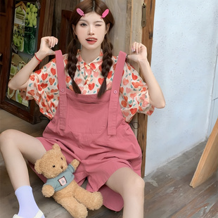 2026超火小个子穿搭一整套装女夏可爱多巴胺女孩背带短裤宽松衬衫