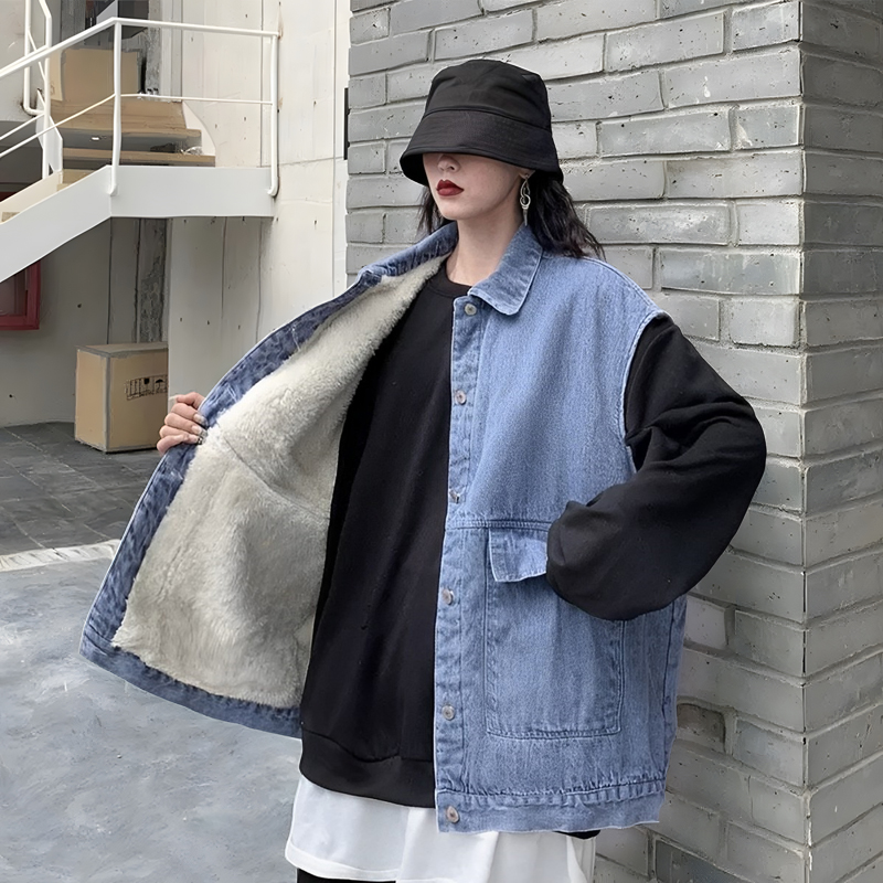 美式复古浅蓝大口袋牛仔加绒马甲