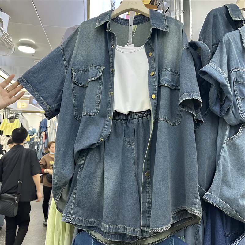 今年流行穿搭一整套薄款显瘦遮肉炸街网红减龄牛仔短裤两件套装夏