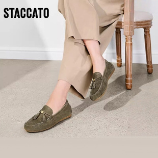 一脚蹬软底单鞋 思加图2026新款 棕色复古豆豆鞋 平底鞋 A9125AA6 女鞋