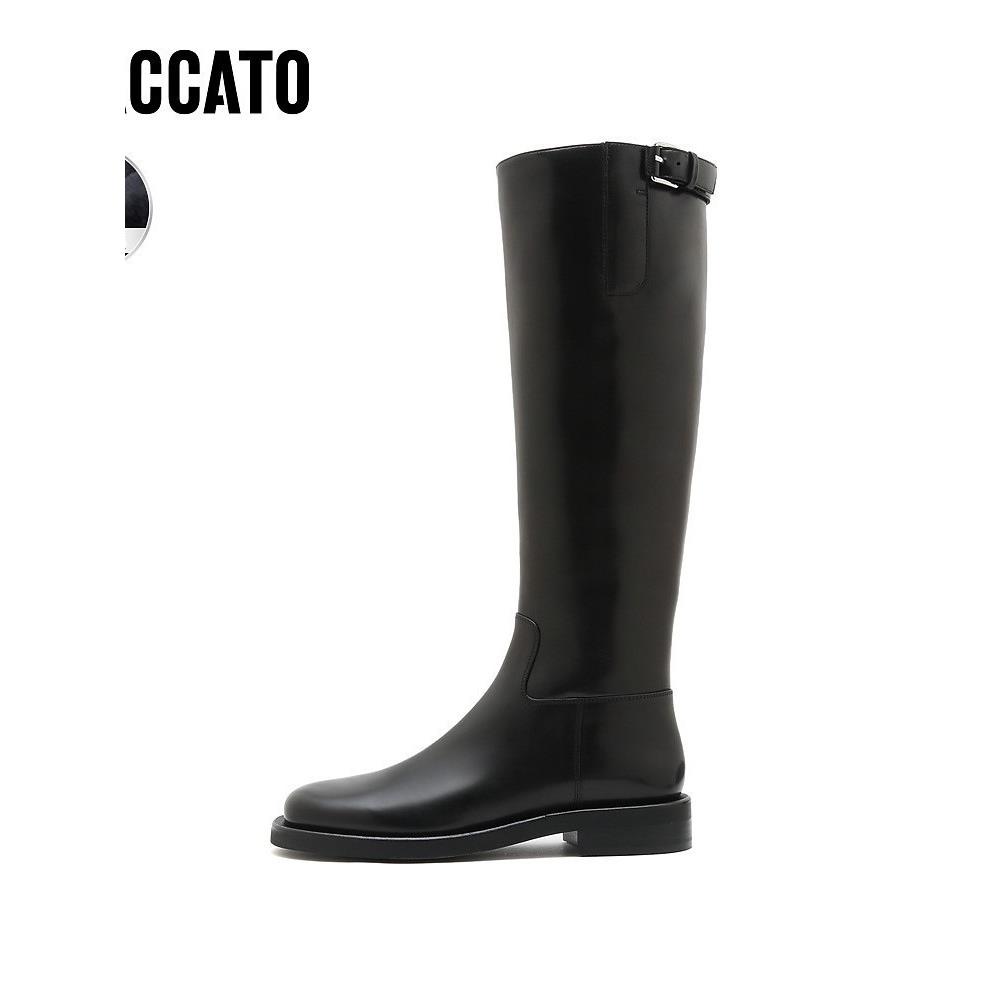 思加图冬季新款女靴骑士靴加绒方头长靴高筒靴潮酷女皮靴D2573DC3