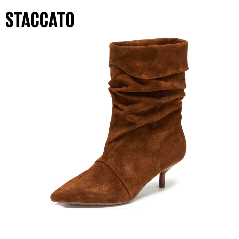 思加图2025新款巴黎之约复古长靴时装靴棕色细跟堆堆靴9S007DS5