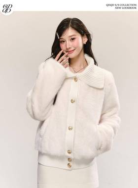 QDQD 甜美可爱风软糯大翻领环保皮草秋冬新款白色皮毛一体外套女