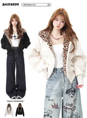 Basterds 美式覆古豹纹开衬连帽棉服女冬季加厚加绒短款棉衣外套