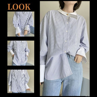 设计感小众立体剪裁宽松圆领条纹衬衫 法柜牛角袖 女 条纹 不一样