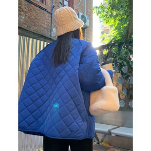 克莱因蓝菱格棉衣冬季2024新款慵懒bf风保暖加厚中长款棉服外套女