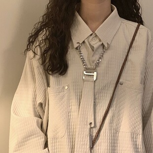 2024秋季新款美式复古玉米格长袖衬衣女潮情侣领带衬衫外套设计感