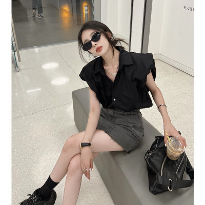 港味chic黑色小飞袖衬衫女夏季新款设计感小众高级感无袖短款上衣