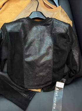 黑色皮质长袖t恤女2024秋新款小众休闲内搭打底衫短款机车皮上衣
