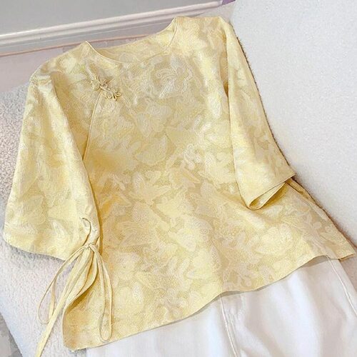 新中式国风上衣复古斜襟印花盘扣七分袖衬衫轻奢高级感衬衣夏款