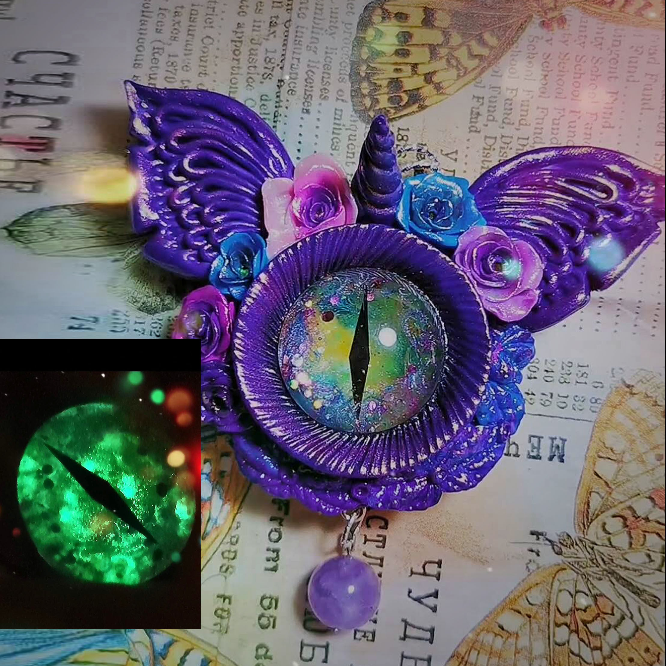 赫拉菲蒂原创立体夜光独角兽龙眼恶魔紫水晶吊坠毛衣链礼物精灵
