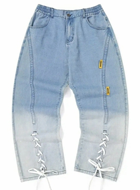 GENANX闪电潮牌2025春季新款阔腿牛仔裤浅蓝色水洗直筒宽松牛仔裤