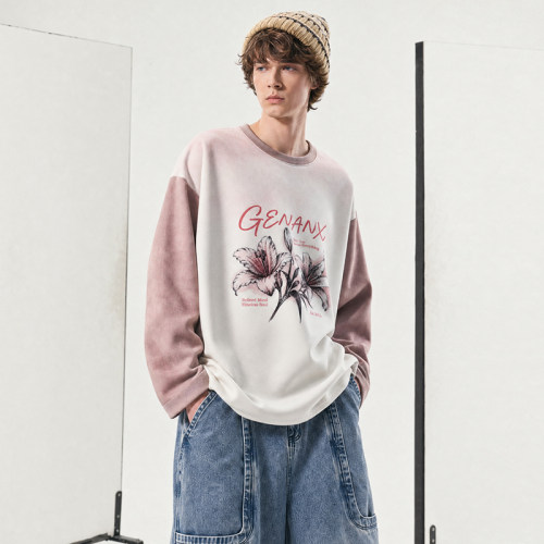 GENANX长袖T恤男2026秋季新款数码印花植物花卉落肩宽松圆领上衣
