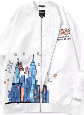 GENANX闪电潮牌新款梦幻城堡印花闪电君涂鸦棒球领白色轻质夹克男