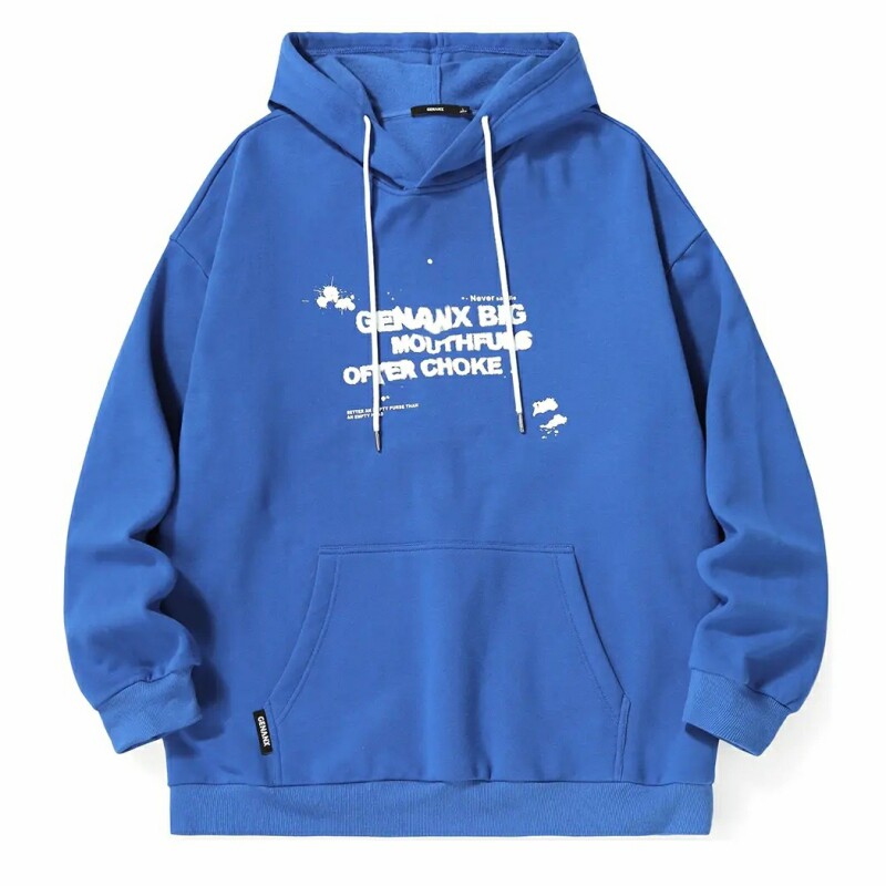 GENANX闪电潮牌克莱因蓝连帽卫衣袋鼠兜英文印花松紧边秋季上衣男