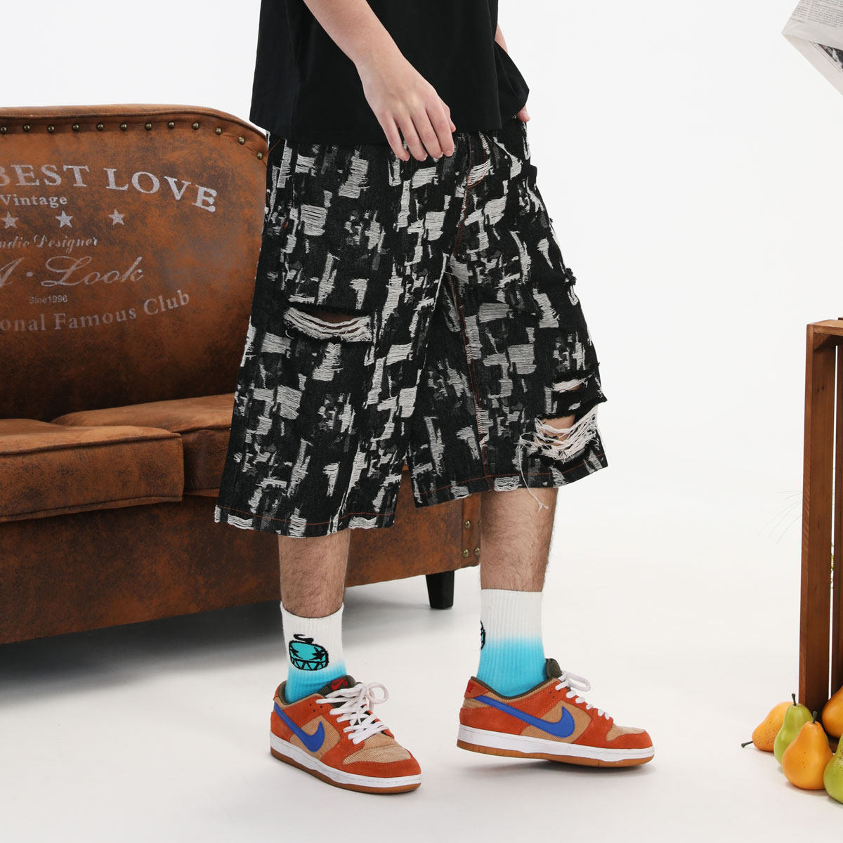 GENANX闪电潮牌2025夏季新款破洞牛仔裤子撞色撕裂毛边六分短裤男