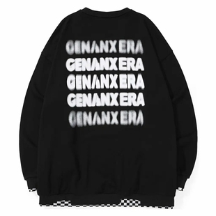 GENANX闪电潮牌情侣卫衣棋盘格叠穿拼接下摆背面印花长袖 上衣22FW