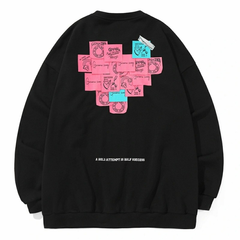 闪电潮牌genanx爱心便利贴卡通印花宽松落肩袖圆领卫衣 男女同款