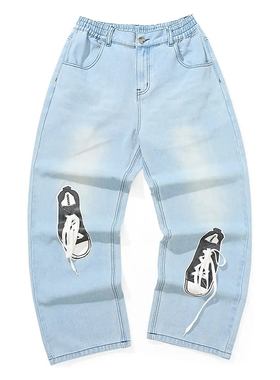 GENANX闪电潮牌黑色牛仔裤趣味立体印花秋季新款直筒水洗牛仔长裤