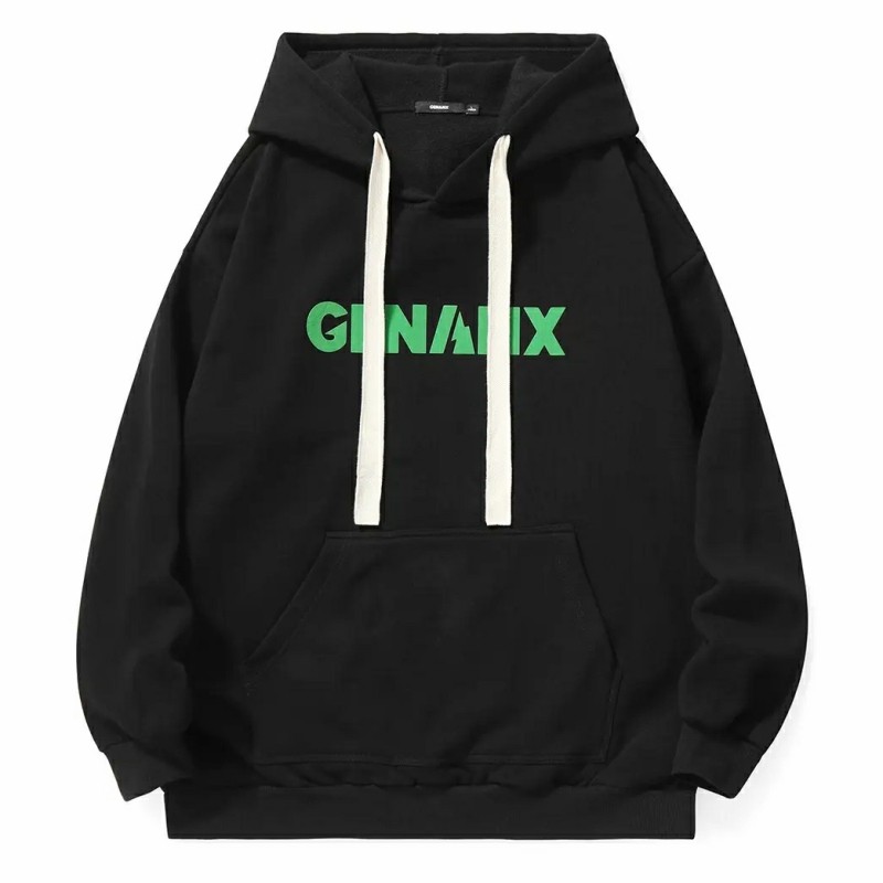 GENANX闪电潮牌长袖上衣植绒英文印花袋鼠兜抽绳连帽加绒卫衣男