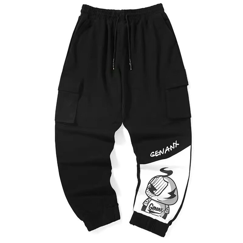 GENANX闪电潮牌2025新款抽绳工装口袋束脚休闲裤黑色百搭宽松裤子
