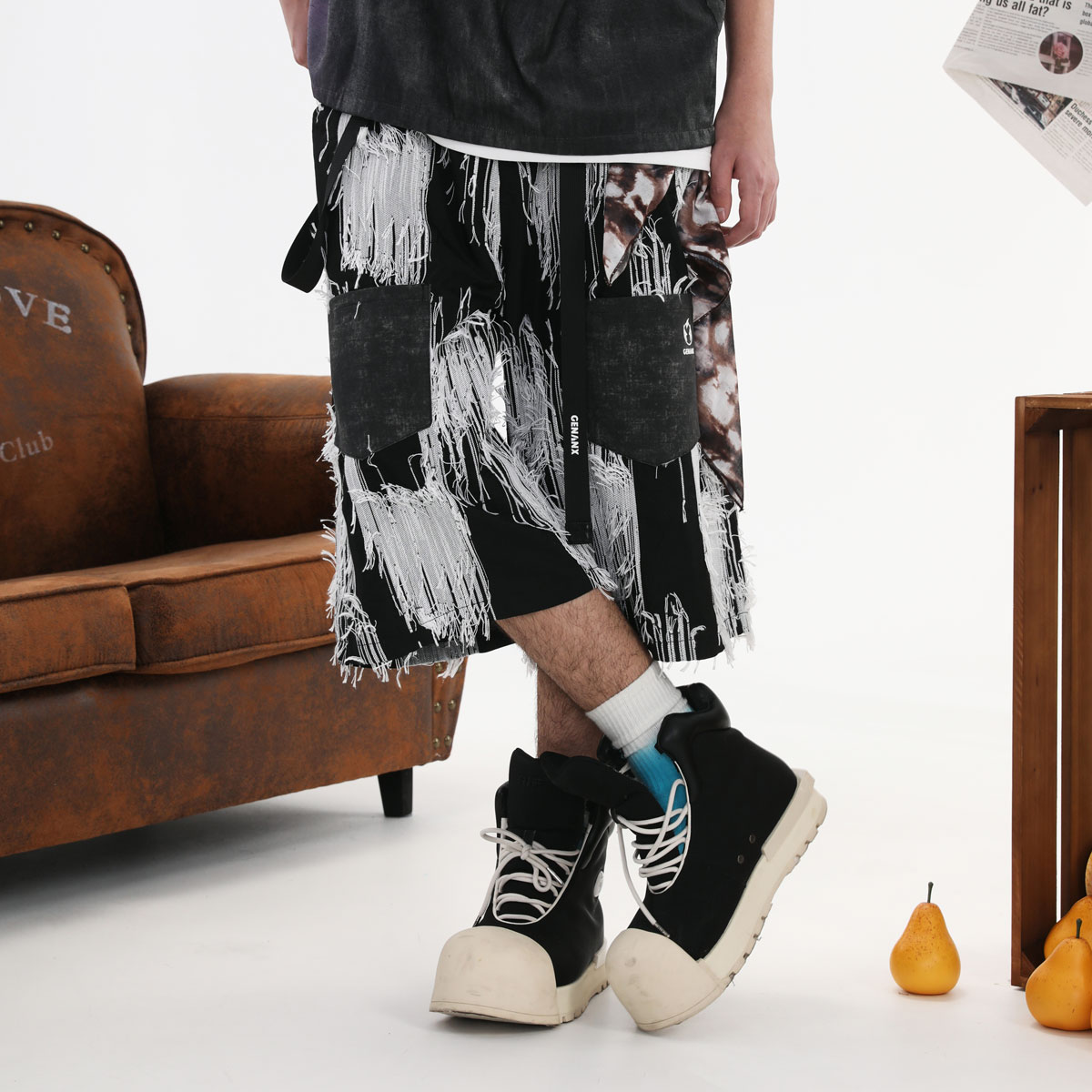 GENANX闪电潮牌2025夏季新款裤子时尚流苏潮流松紧带休闲五分短裤