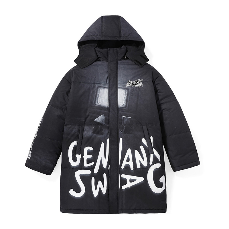 GENANX闪电潮牌中长款棉衣外套男冬季个性印花潮流连帽情侣棉服男