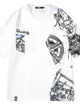 GENANX闪电潮牌圆领短袖夏季新款涂鸦印花宽松太空棉重磅白色T恤