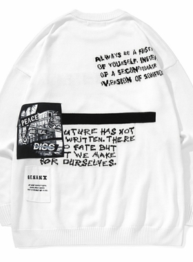 GENANX闪电潮牌白色毛衣字母涂鸦提花冬季休闲套头圆领针织衫男潮