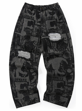 GENANX闪电潮牌满印涂鸦牛仔裤百搭新款春季破洞直筒黑灰色牛仔裤