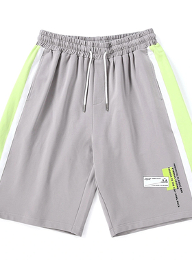 GENANX闪电潮牌直筒五分短裤夏季撞色拼接斜条纹印花灰色直筒短裤
