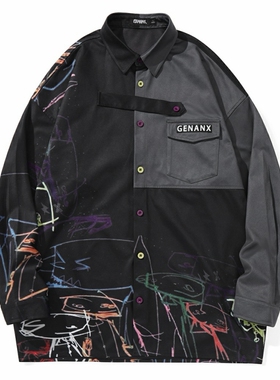 GENANX闪电潮牌男士衬衫黑灰色拼接炫彩涂鸦印花廓形春季衬衫男