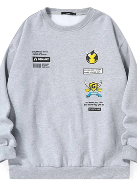 GENANX闪电潮牌灰色卫衣圆领套头罗纹下摆收口宽松潮百搭上衣情侣