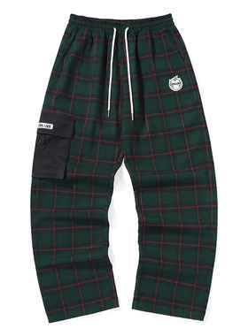 GENANX闪电潮牌绿色棋盘格裤子侧贴袋街头风直筒宽松高街休闲裤男