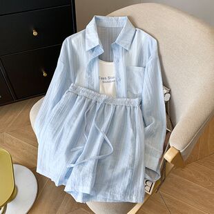 休闲衬衣吊带短裤 夏装 女2025新款 搭配一整套防晒衣衬衫 三件套 套装