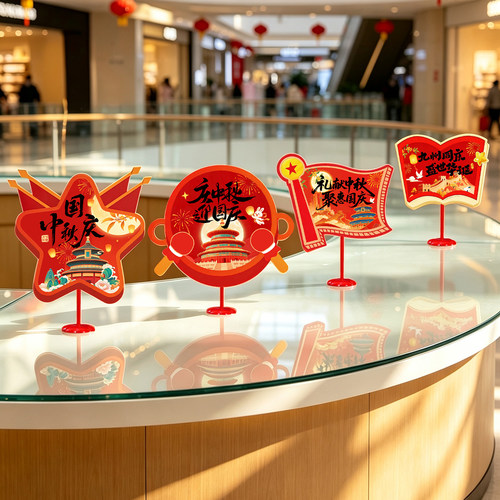 中秋节装饰国庆氛围场景布置双节店铺柜台桌面摆台卡牌小kt板摆件