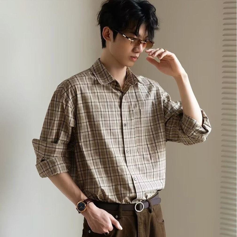 宽松格子长袖衬衫男潮流2026新款春秋季老钱风复古百搭休闲衬衣服