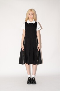 SHAHD星期三春夏黑色日式街头甜酷拉链毛边无袖方领中长连衣裙