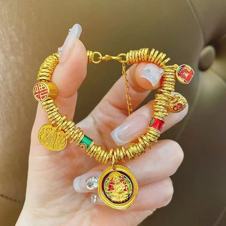 新款古法沙金珐琅黄财神盘缠手链图片