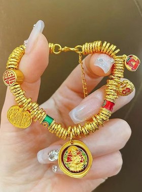 新款古法沙金珐琅黄财神盘缠手链