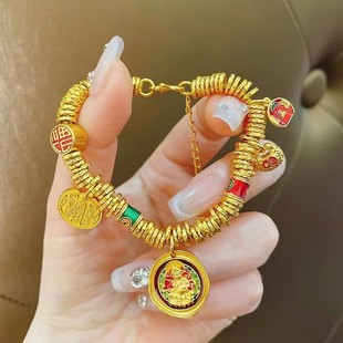 新款古法沙金珐琅黄财神盘缠手链五路财神小胖福男女手串