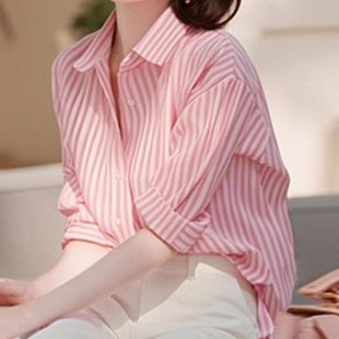 时尚绝美粉白色条纹翻领长袖衬衫女2025秋季款独特超好看遮肉衬衣