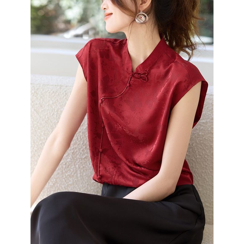 国风盘扣上衣无袖提花衬衫2056